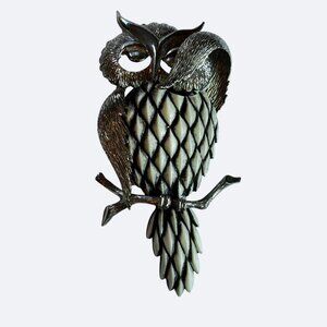 Vintage Owl Necklace Pendant XL Silver Tone 4.25" Metal Plastic Dimensional